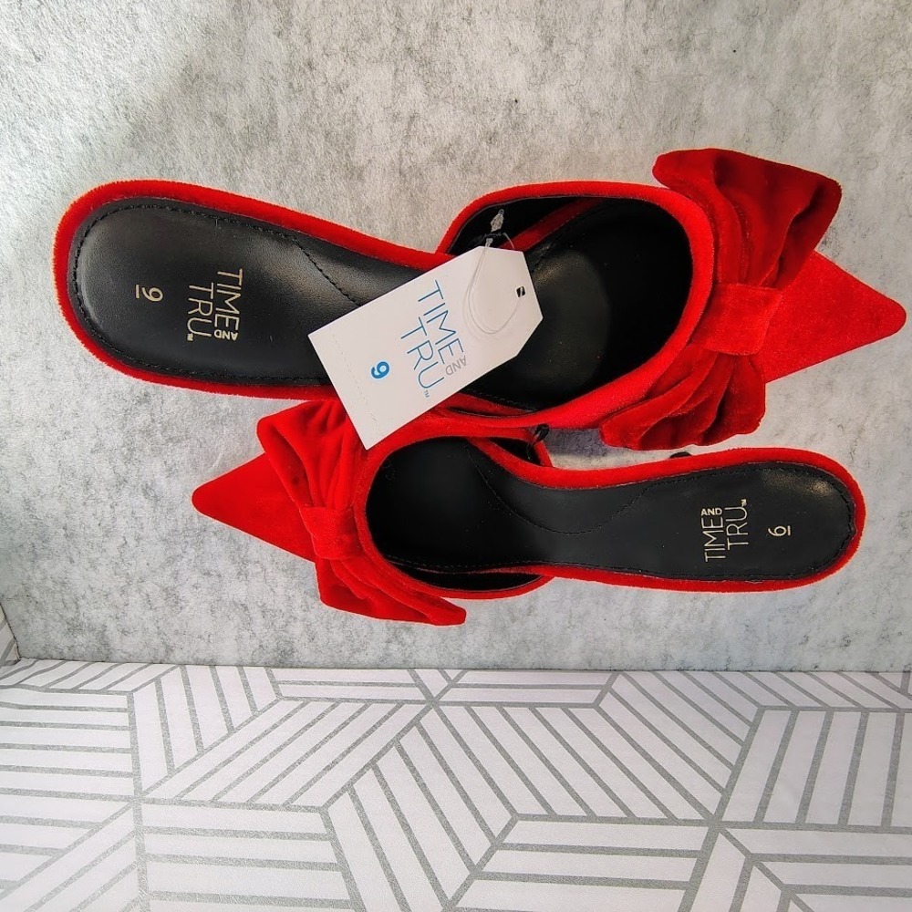 Women's Red Velvet Bow Sz 9 Mule Sexy‎ Party Shoes High Heels Eveningwear - Picture 6 of 7